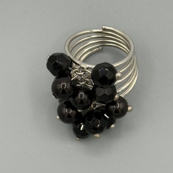 Multi-Band Silver Ring With Black Bead Cluster - Picture 6 of 9